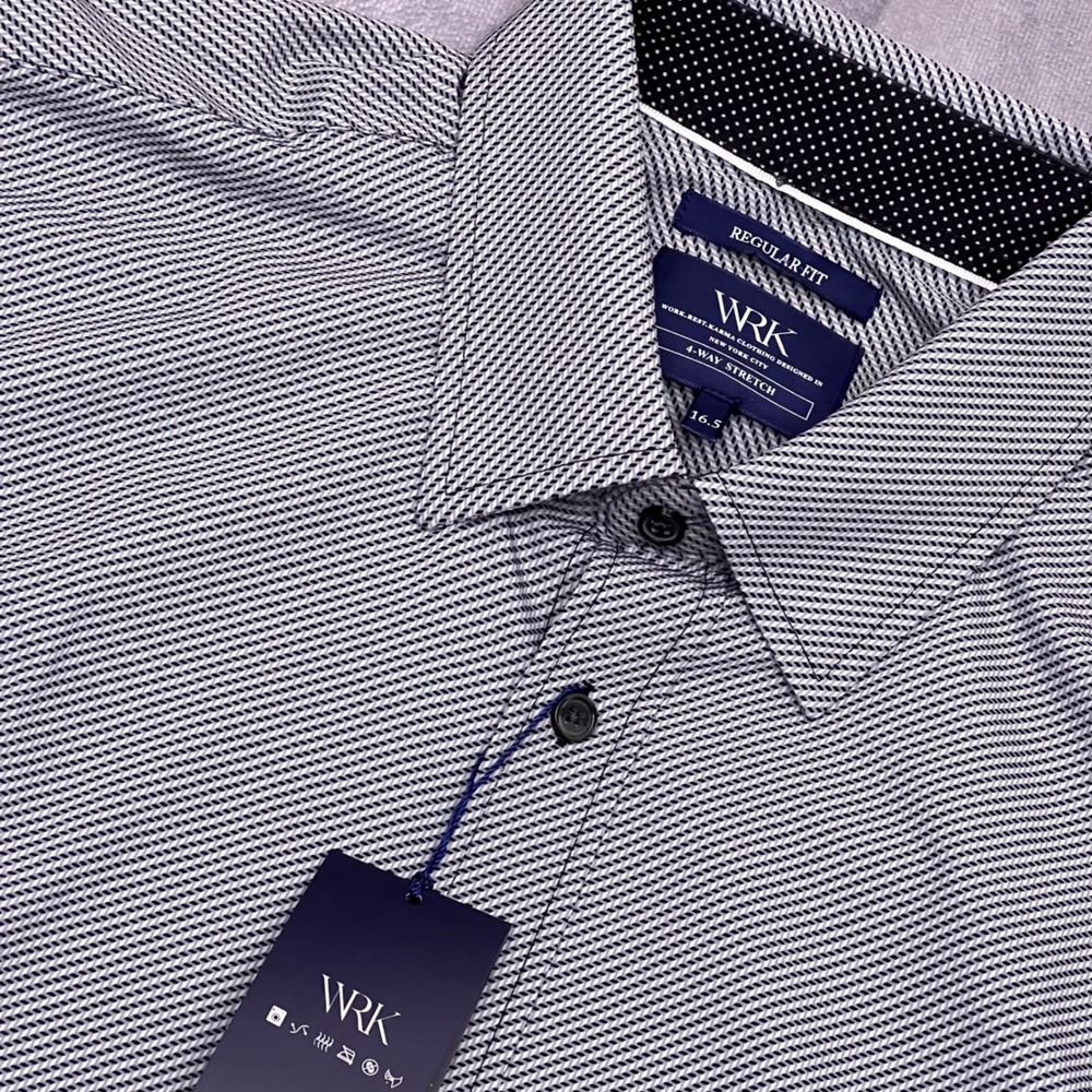 WRK Button Down Shirt Mens 16.5 Navy NWT 4-Way Stretch Regular Fit Geometric